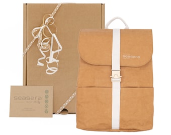 Mit Geschenkverpackung: Rucksack Damen Papier & Canvas | Kraftpapier Papierrucksack vegan recycelt nachhaltig minimalistisch klein | seasara