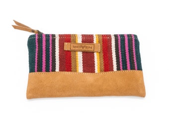 Cosmetic bag purse key bag leather cognac/colorful | handwoven cotton & leather | ladies purse cosmetic bag clutch