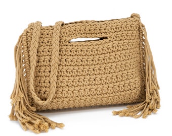 Macrame bag women with fringes | with inner lining | Handbag Clutch Shoulder Bag Crossbag Bridal Bag | beige dark beige camel brown