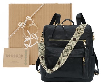 Mit Geschenkverpackung: Rucksack Damen Rucksacktasche 2in1 Tasche Rucksackhandtasche | Taschengurt zur Wahl | Lederimitat schwarz black gold