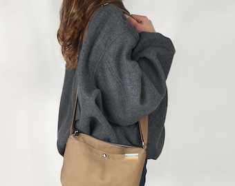 Small Organic Cotton Canvas Crossbody Bag & Shoulder Bag by seasara | Camel Beige Light Brown | Everyday Travel Handbag