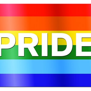May include: A rectangular graphic with a rainbow gradient background, featuring horizontal stripes of red, orange, yellow, green, blue, and purple. The word "PRIDE" is displayed in large, white, bold letters across the center.