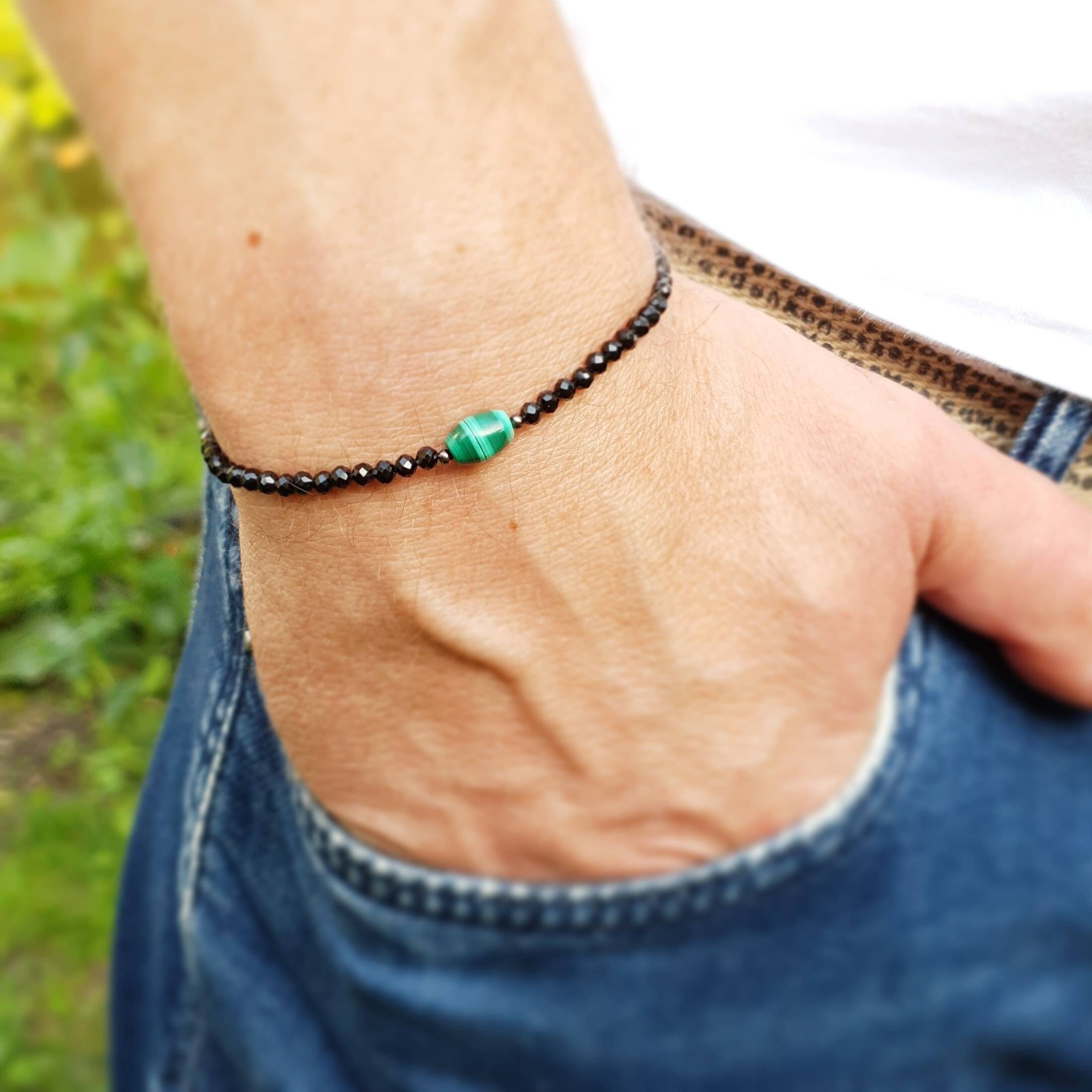 Mens Bracelet Malachite & Black Tourmaline Green Gemstone | Etsy