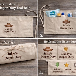 May include: A beige canvas diaper duty tool belt with multiple pockets, personalized with "Jake's Diaper Duty" and a cowboy hat graphic. The belt is designed to hold baby essentials and is tied with a string.