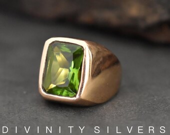 Peridot Ring-925 Sterling Silber-Signet Ring-Grüner Peridot- Quarz Edelstein-Rosegold- 22K Gelbgold Füllring- Geschenkring