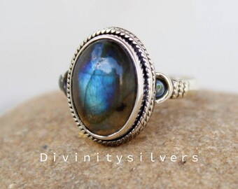 Blue Labradorite Ring, Sterling Silver, Blue Stone Ring, Gemstone Ring, Labradorite Jewelry, Minimal Ring, Everyday Ring.-Best Seller