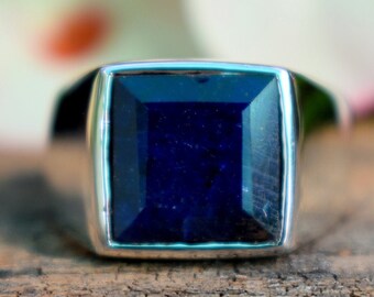 Anello in zaffiro blu, argento sterling massiccio 925, pietra preziosa in zaffiro blu taglio quadrato naturale, oro rosa, riempimento in oro giallo 22 carati, anello regalo