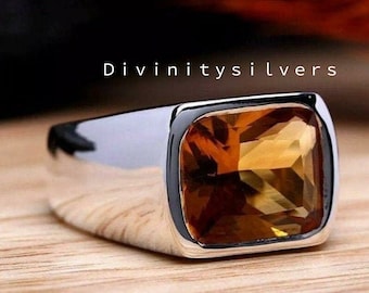 Coussin de bague en citrine, chevalière, argent sterling massif 925, bague en pierre précieuse de citrine taillée en coussin, bague en cuivre, bague cadeau - best-seller
