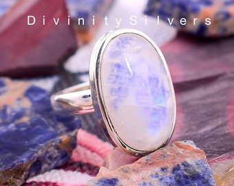 Regenbogen Mondstein Ring-Blauer Feuer Mondstein Ring-Handgefertigter Silber Ring-925 Sterling Silber-Geschenk für Sie-Versprechen Ring-Jahrestag Ring