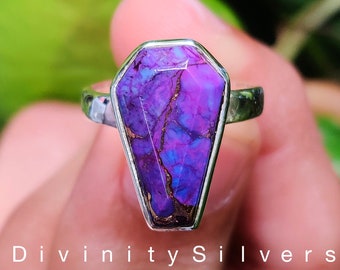 Purple Turquoise Ring Silver, Coffin Shape Ring, 925 Solid Sterling Silver Ring, Natural Purple Copper Turquoise Gemstone, Ring-Best Seller