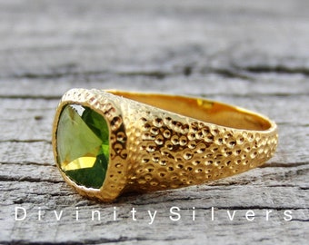 Peridot Ring, 925 Sterling Silber, Schöner Kissenschliff grüner Peridot Quarz Edelstein, Rosegold, 22K Gelbgold fill, Geschenkring
