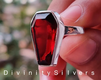 Granat Ring, Sarg Ring, 13x20 MM, 925 Sterling Silber, Sarg Form Roter Granat Edelstein Ring,Granat-Bestseller
