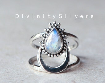 Rainbow Moonstone Ring-Blue Fire Moonstone Ring-Handmade Silver Ring-925 Sterling Silver-Gift for her-Promise Ring-Anniversary Ring
