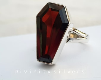 Bague grenat, Bague de cercueil, 13X20 MM, 925 Argent sterling massif, Forme de cercueil Bague en pierre précieuse grenat rouge, Best-Seller Grenat