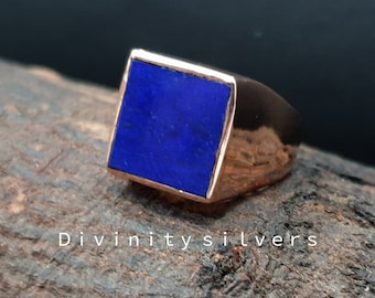 Lapis Lazuli Ring, Signet Ring, 925 Solid Sterling Silver Ring, Flat Square Shape Lapis Gemstone, Copper RIng-Best Seller