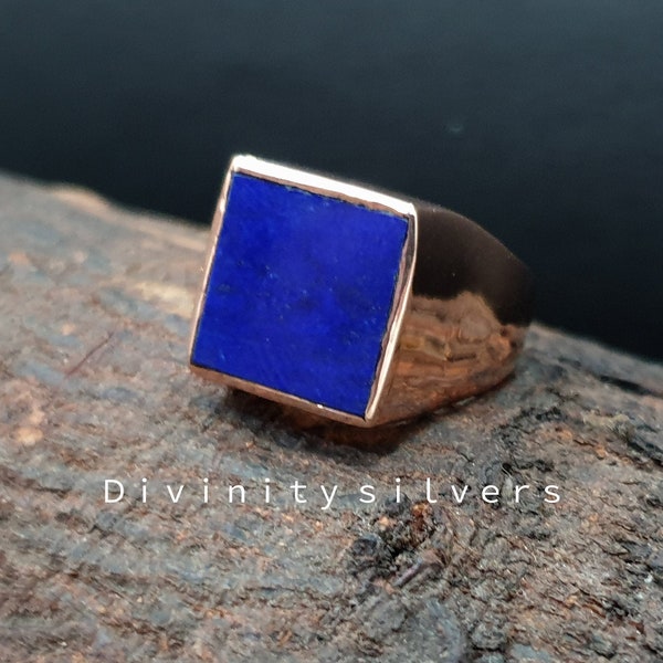 Lapis Lazuli Ring ,Signet Ring, 925 Solid Sterling Silver Ring, Flat Square Shape Lapis Gemstone, Copper RIng-Best Seller