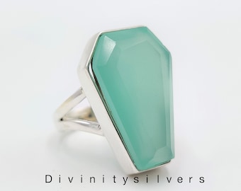 Anello per bara di calcedonio, anello aqua calcedonio, anello di pietre preziose, anello di calcedonio blu di bara, anelli in argento sterling, anello di set di punte