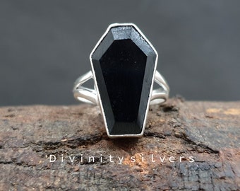 Schwarzer Onyx Ring Silber, Sarg Ring, 925Er Sterling Silber, Sarg Schwarzer Onyx Edelstein,Statement Ring-Bestseller