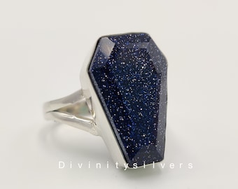 Blauer Goldstein Sarg Ring- 13x20 MM Goldstein Sarg-925 Sterling Silber- Sarg Ring- Edelstein Ring, Silber Ring, Damen Ring-Bestseller