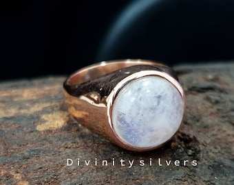 Mondstein AAA Qualität Herren Ring in 925Er Sterling Silber, Regenbogen Mondstein Kupfer Ring, Schöner Herren Stapel Geschenk-Bestseller