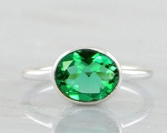 Smaragd Ring-Gravur Ring- 925 Sterling Silber Ring- Kissen geschliffener Grüner Smaragd Quarz Edelstein Ring- 22K Gelbgold Fill Ring