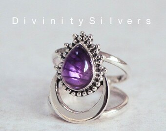Anello in ametista, argento sterling, vera pietra preziosa di ametista viola, anello in pietra viola delicata, piccolo anello ovale, gioielli antichi Boho-Best Seller