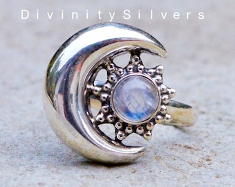 Rainbow Moonstone Ring-Blue Fire Moonstone Ring-Handmade Silver Ring-925 Sterling Silver-Gift for her-Promise Ring-Anniversary Ring