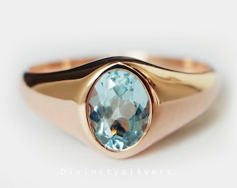 Anello con acquamarina, anello con sigillo, anello con pietra preziosa, anello in argento sterling 925, gioielli con acquamarina, oro rosa, anello riempito in oro giallo, anello regalo