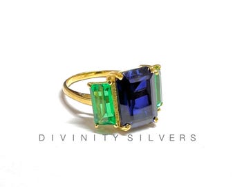 Three Stone Cocktail Ring |Blue Sapphire & Green Emerald Cut Ring |Statement Ring |Art Deco Style Ring|Sapphire Emerald Ring |Handmade Ring