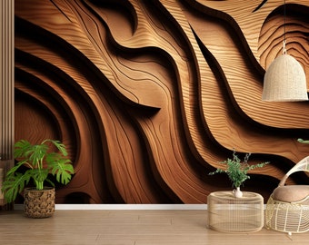 Wooden Waves Lines Abstract Pattern Woven Self-Adhesive Easily-Removable Wallpaper Modern Photo Wall Mural Peel & Stick 14