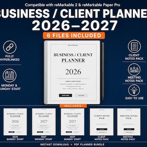 May include: Digital business and client planner for 2026-2027, compatible with reMarkable 2 and Paper Pro. Includes 6 files, fully hyperlinked, with Monday and Sunday start options. Features client notes and meeting notes packs. Easy to use.