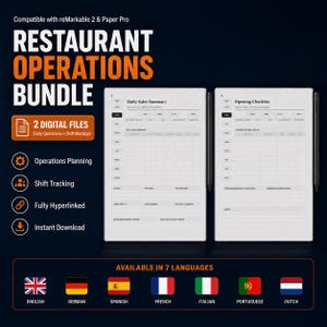 Puede incluir: Un paquete digital de operaciones de restaurante para tabletas reMarkable 2 y Paper Pro, con dos archivos hipervinculados: Daily Sales Summary y Opening Checklist. El diseño incluye texto, iconos y una lista de siete idiomas disponibles.