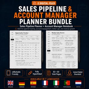 May include: A digital sales pipeline and account manager planner bundle featuring two tablet screens displaying an Opportunity Tracker and a Weekly Sales Review. The layout includes columns for tracking, notes, and action lists, with a stylus pen beside each screen.