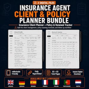 Pode incluir: Um pacote de planeamento digital para agentes de seguros com dois ecrãs de tablet que mostram um perfil de cliente e um calendário de renovação. A interface inclui separadores de navegação, campos de dados e fluxos de trabalho.