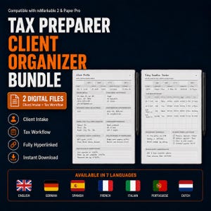 May include: A digital tax preparer client organizer bundle for reMarkable 2 and Paper Pro tablets. The set includes two digital files, a client intake form and a tax workflow tracker, both fully hyperlinked. The display shows detailed client profile and filing deadline tracker pages with handwritten text entries.