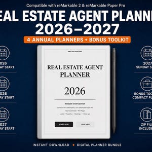May include: A digital Real Estate Agent Planner for 2026-2027 displayed on a tablet with a stylus. The screen shows the title Real Estate Agent Planner 2026, Monday Start Edition, and navigation buttons. Includes four annual planners and a bonus toolkit.