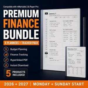 Pode incluir: Um pacote financeiro digital para reMarkable 2 e Paper Pro, incluindo 4 planejadores e um pacote de rastreamento. Apresenta planejamento orçamentário, rastreamento financeiro e download instantâneo. O pacote inclui 5 produtos e começa na segunda e domingo.