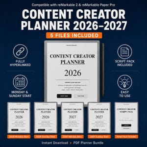 May include: A digital content creator planner bundle for reMarkable 2 and reMarkable Paper Pro, featuring five PDF files for 2026 and 2027. The planner includes hyperlinked pages, script packs, and options for Monday or Sunday start dates.