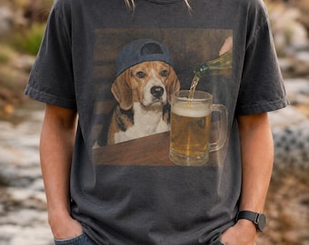 Beagle Drinking Beer Comfort Colors Shirt, Silly Sarcastic Pom Novelty Meme Graphic Tee, Funny Dog Gift Men Women, T-Shirt