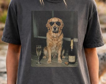 Golden Retriever Drinking Champagne Comfort Colors Shirt, Silly Sarcastic Pom Novelty Meme Graphic Tee, Funny Dog Gift Men Women, T-Shirt