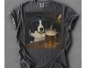 Border Collie Drinking Beer Coffee Comfort Colors Shirt, Silly Sarcastic Pom Novelty Meme Graphic Tee, Funny Dog Gift Men Women, T-Shirt