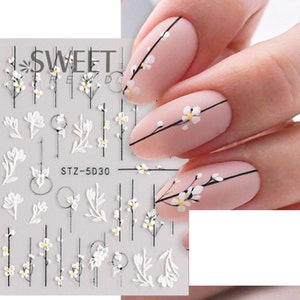 5D Embossed Tulip Camellia Flowers Leaf Nail Stickers Water Sliders Manicure DIY