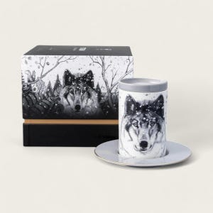 May include: A white ceramic candle jar with a black and white illustration of a wolf's face. The jar is sitting on a matching saucer. The jar is packaged in a black box with a similar wolf illustration.
