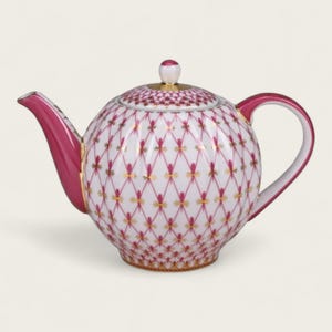 May include: A white teapot with a pink and gold geometric pattern. The teapot has a round body and a curved spout.