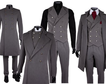 Three Piece suit, Victorian men's suit, Double Breasted waistcoat, overcoat and trousers, Classic gentleman's suit, wedding suit for man