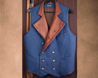 Maßanfertigung doppelreihige Weste von Excalibur Belgien, Viktorianische Jeansweste für Männer, Dandy Stil, Steampunk 1900 1910 1920 1930