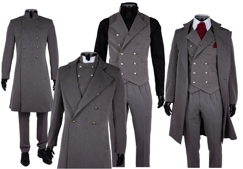 Three Piece suit, Victorian men's suit, Double Breasted waistcoat, overcoat and trousers, Classic gentleman's suit, wedding suit for man image 1