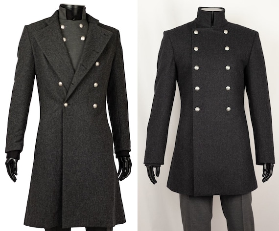 Historical Emporium 1800s Mens Black Wool Blend Peak Collar Knee Length Cutaway Coat (Big & Tall Size 52L) | 19th Century | Historical | Vintage | Antique