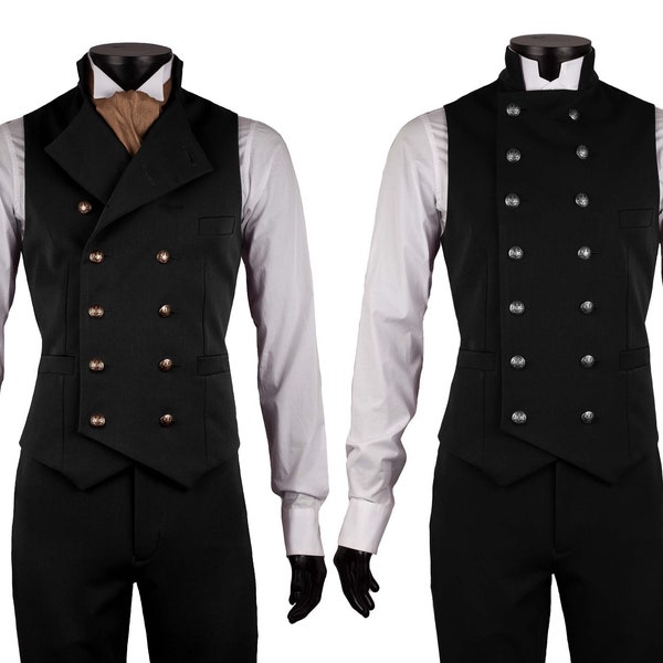 Doppelreihige Weste & Hose von Excalibur Belgium, viktorianische Vintage Weste für Männer, Dandy style, Steampunk, Maßanfertigung, Schwarz