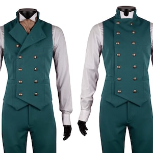 Double Breasted Waistcoat & Trousers Excalibur Belgium, Victorian vintage vest for men, Dandy steampunk, Made to Measure, Petrol Blue Green